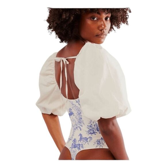 Free People Intimately Prairie Rose Bodysuit Ivory Blue Toile Print Puff Sleeve - Picture 4 of 10